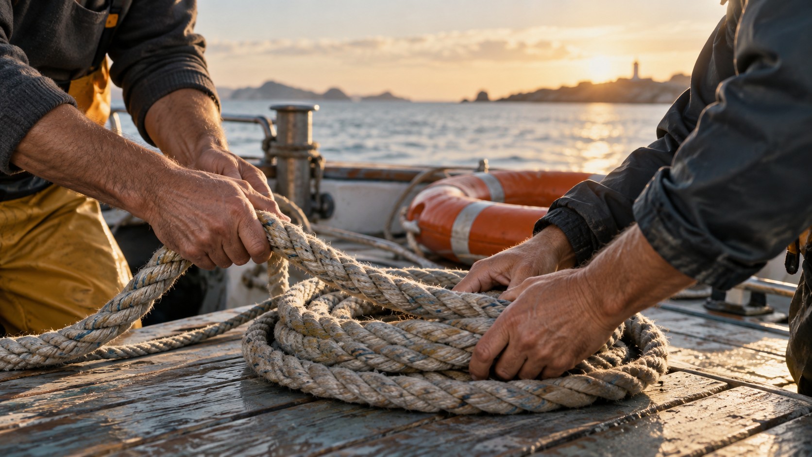 Volunteers working together with rope on a boat in warm sunlight
